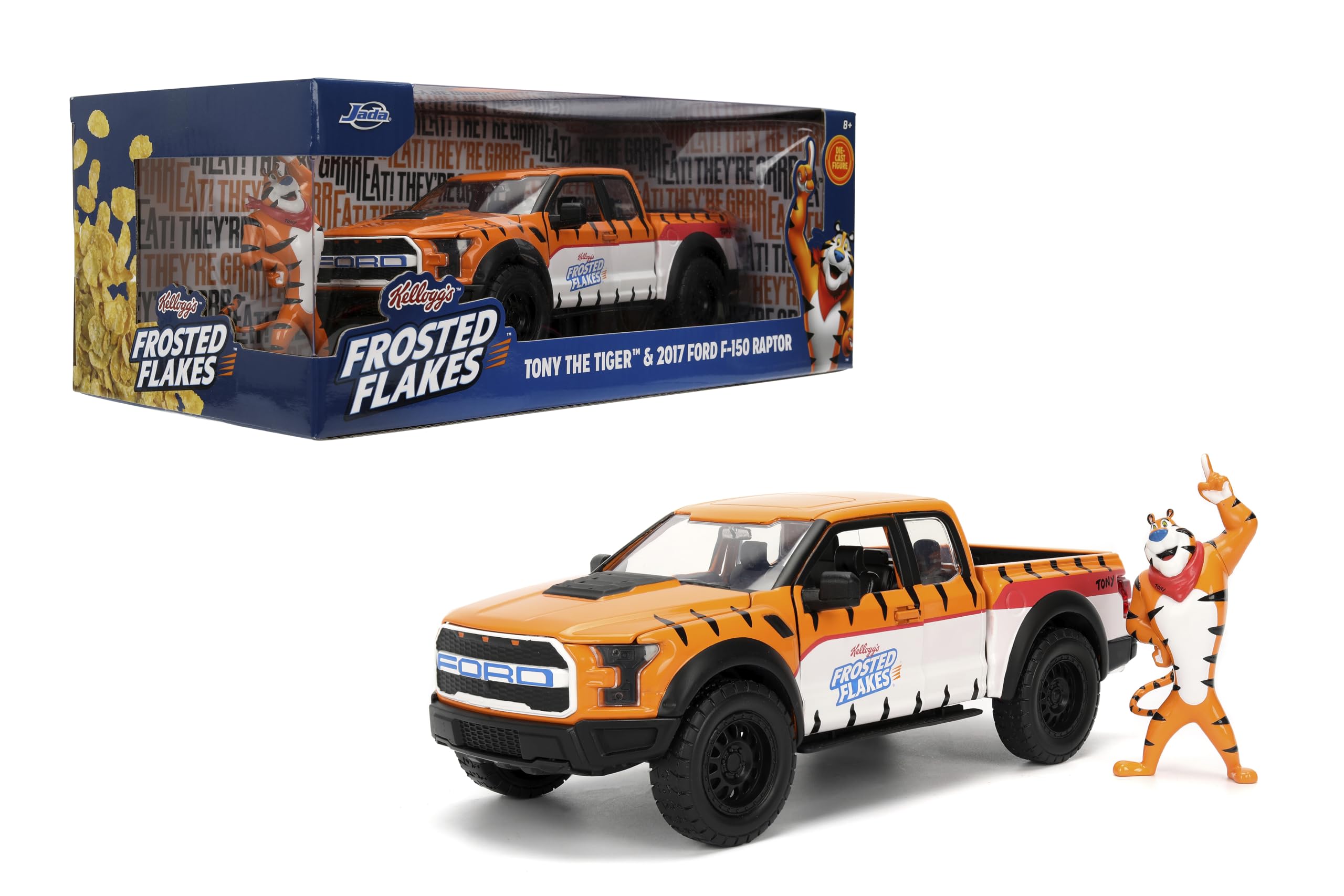 Jada 2017 Ford F150 Raptor Truck con Kellogg's Frosted Flakes Tony The Tiger Die-Cast Carwith Figura, Coleccionable 1:24, Puertas de Apertura, neumáticos de Goma a Partir de 8 años (Naranja/Blanco)