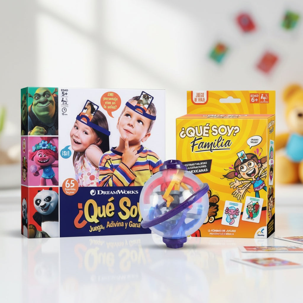 Kit Juegos: Juego De Mesa ¿qué Soy? Dreamworks + Mini Worlds Smallest Perplexus + Juego De Viaje ¿qué Soy?