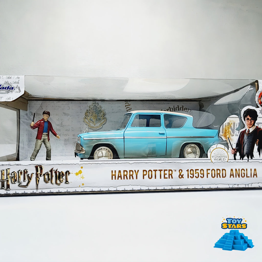 Auto Colección Ford Anglia 1959 Mas Figura Harry Potter 1:24 Celeste Techo Blanco
