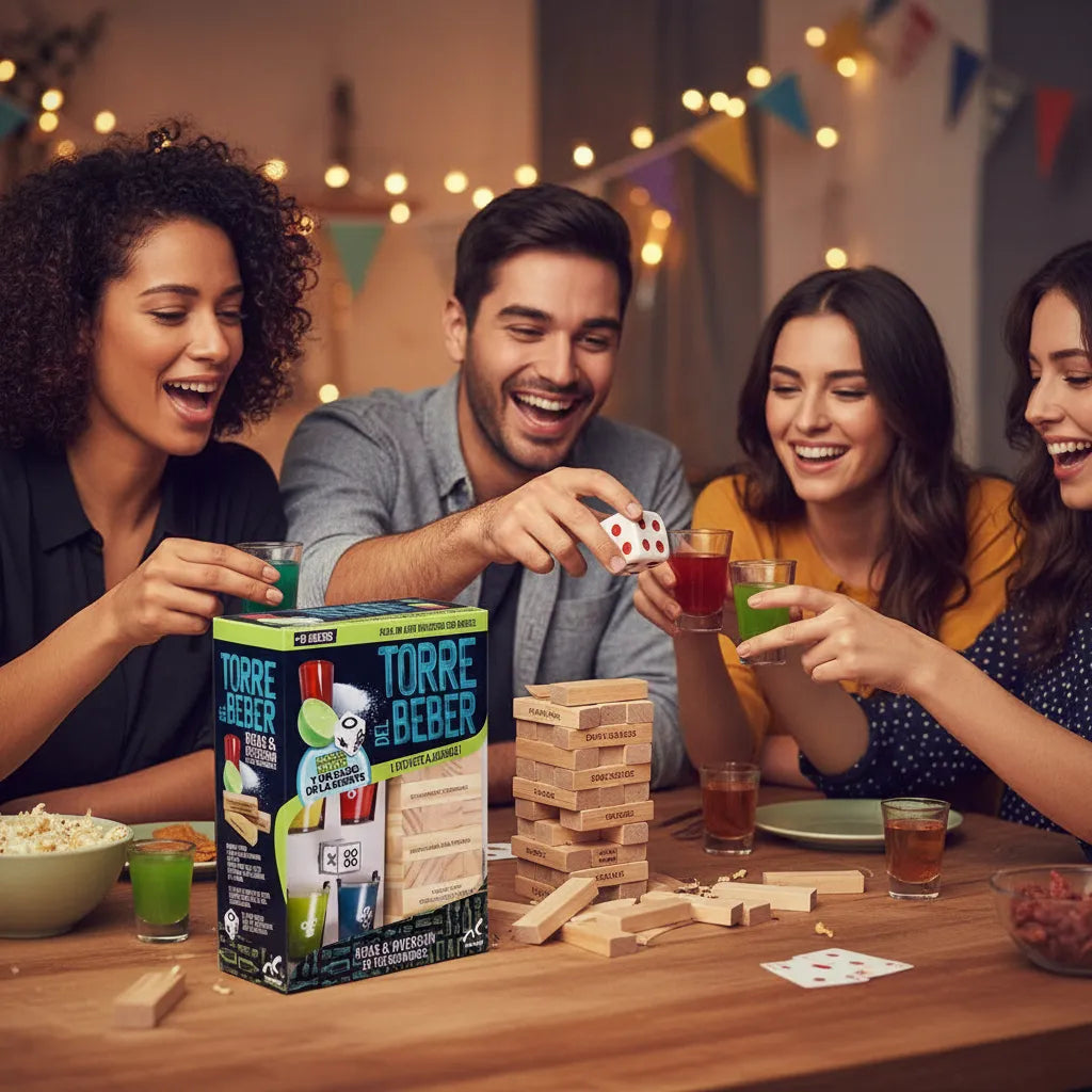 Torre Del Beber Juego De Mesa Para Fiesta Con 4 Shots, Retos Divertidos Y Bloques De Madera Para Adultos