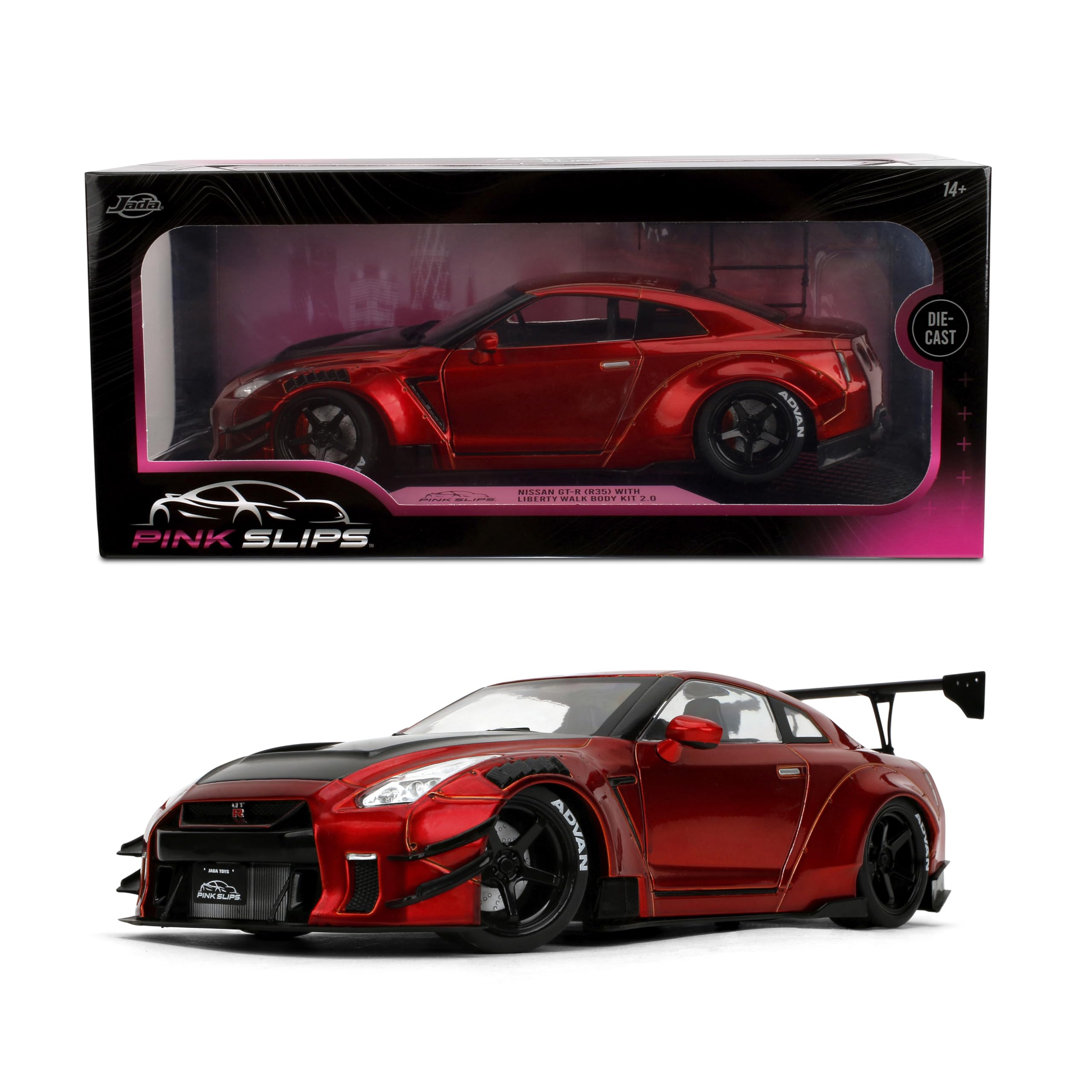 Jada Pink Slips Nissan GT-R R35-1:18 Modelo Fundido a presión con Puertas de Apertura y dirección de Trabajo, para coleccionistas y entusiastas de 14 años en adelante