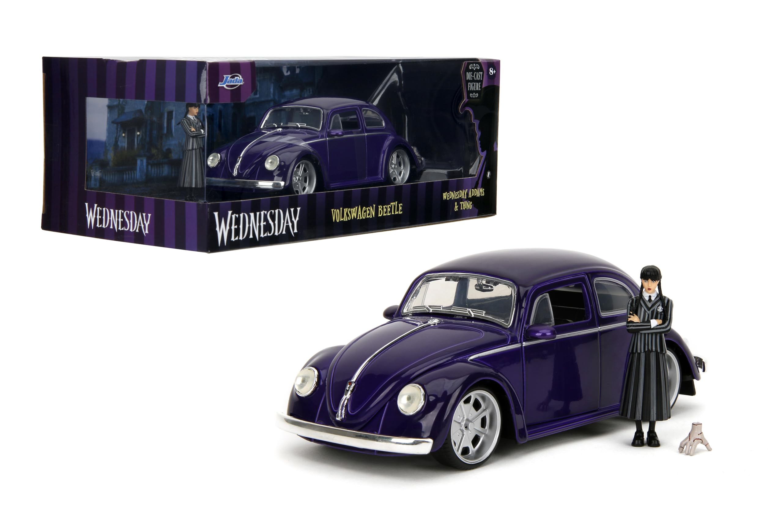 Jada Toys - 1:24 Wednesday 1972 VW Beetle con Cifras de miércoles y Cosas, Juguete Coleccionable para Adultos y niños