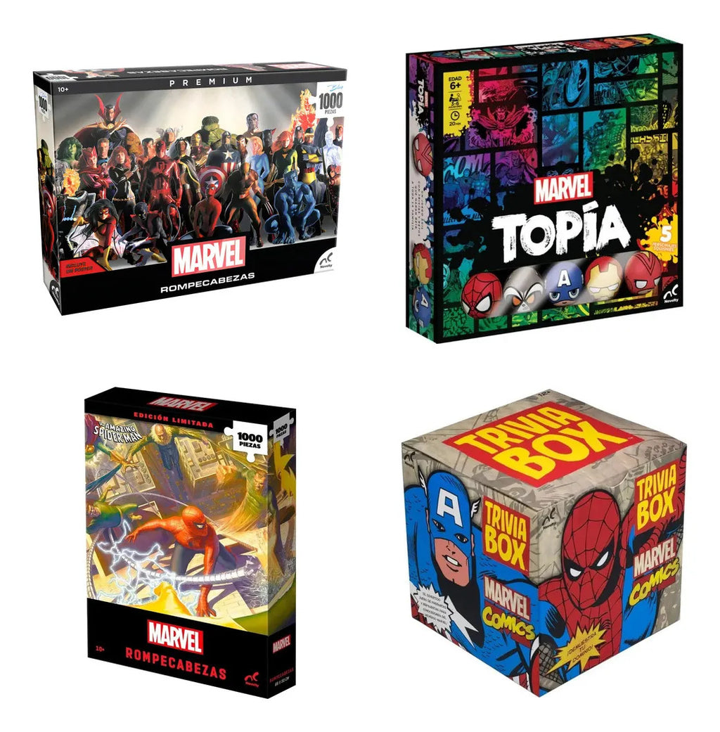 Kit Marvel: 1 Rompecabezas Premium + 1 Juego Topia + 1 Rompecabezas Spiderman + 1 Juego Trivia