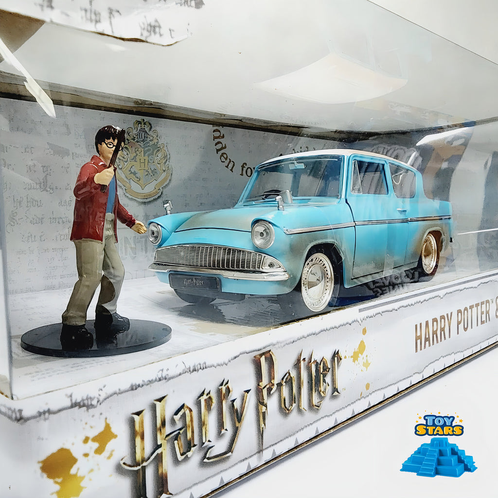 Auto Colección Ford Anglia 1959 Mas Figura Harry Potter 1:24 Celeste Techo Blanco