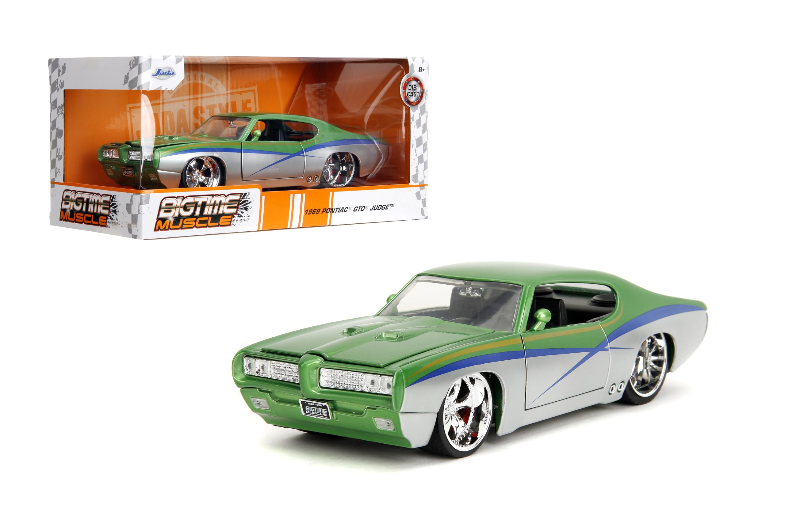 Jada Toys Bigtime Muscle 1:24 1969 Pontiac GTO Coche Fundido a presión  Puertas de Apertura, Campana, Maletero, neumáticos de Goma (Caramelo Plateado/Verde)