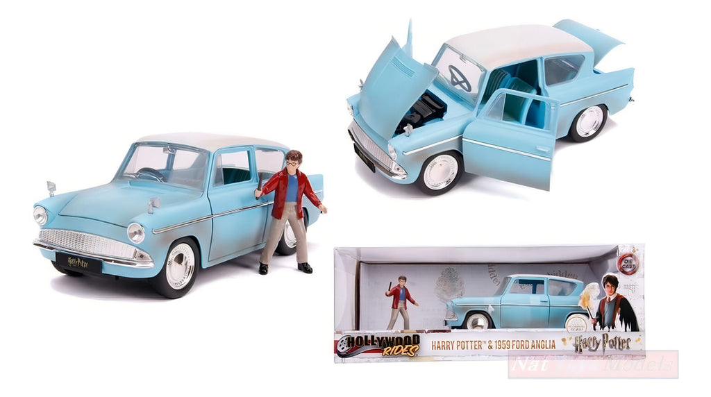 Auto Colección Ford Anglia 1959 Mas Figura Harry Potter 1:24 Celeste Techo Blanco