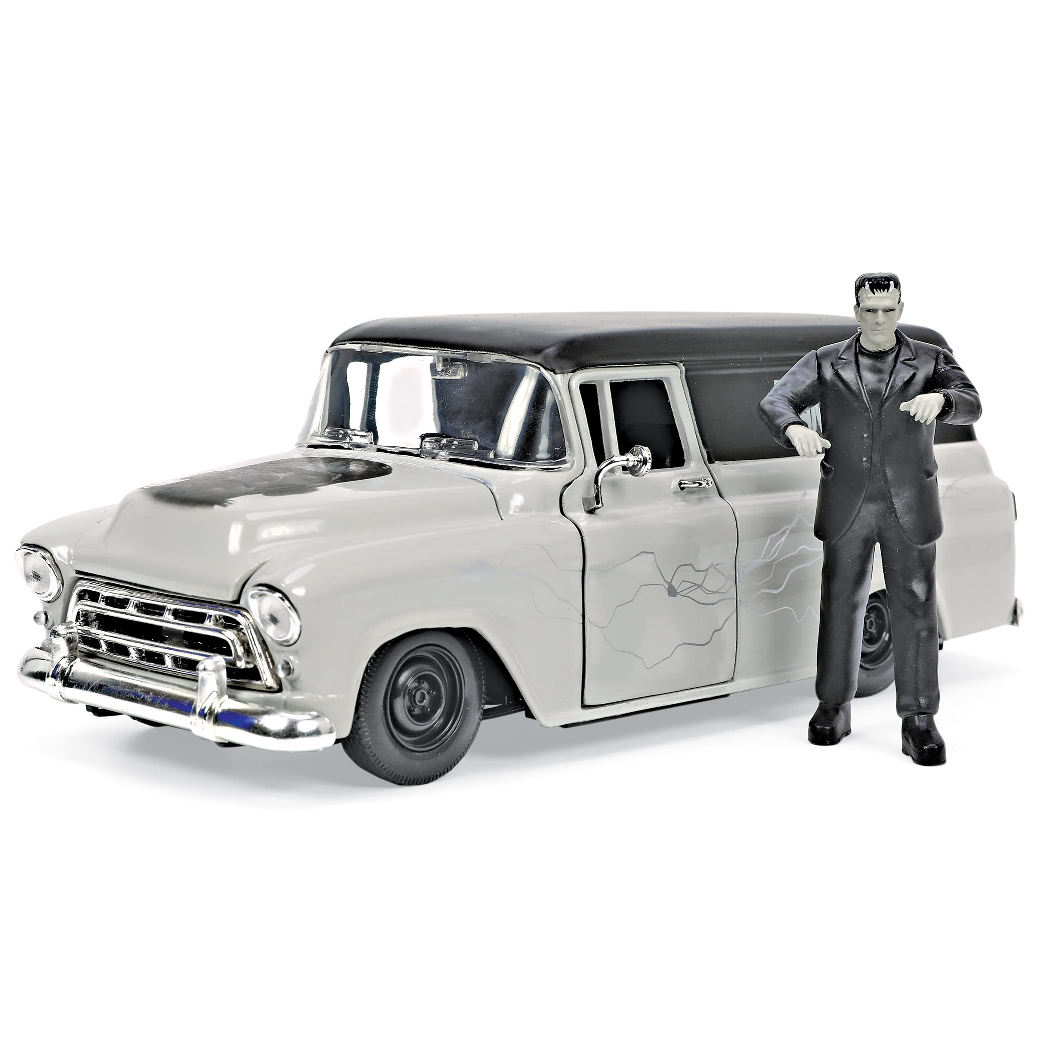 Jada Toys Universal Monsters 1:24 1957 Chevy Suburban - Coche Fundido a presión y Figura de Frankenstein de 2.75 Pulgadas, Juguetes para niños y Adultos