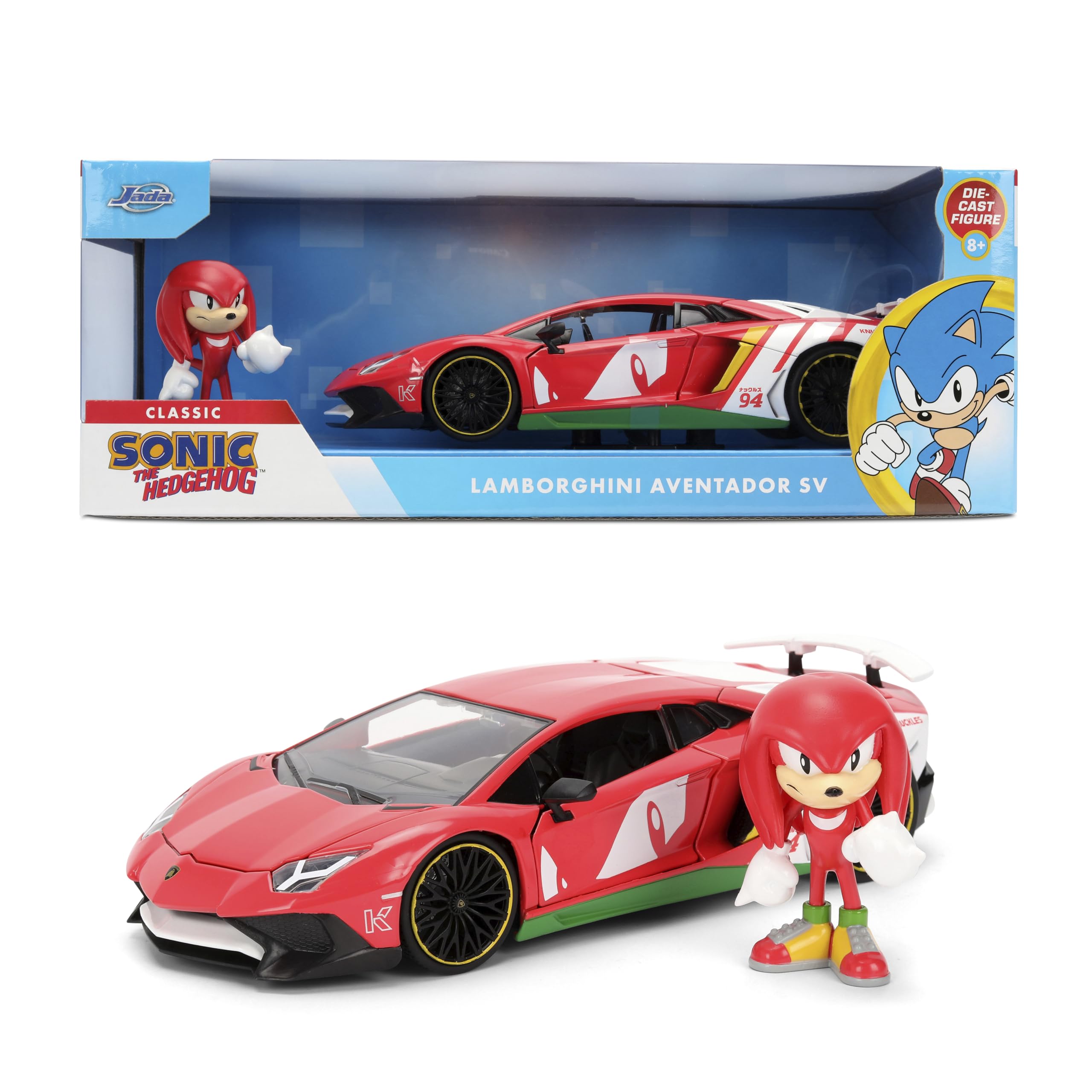 Jada Sonic Knuckles con Lamborghini Aventador SV  Hollywood Rides Vehículo Fundido a presión y Nudillos Figura Juguetes  Apertura de Puertas y Capucha  Edad 8 +