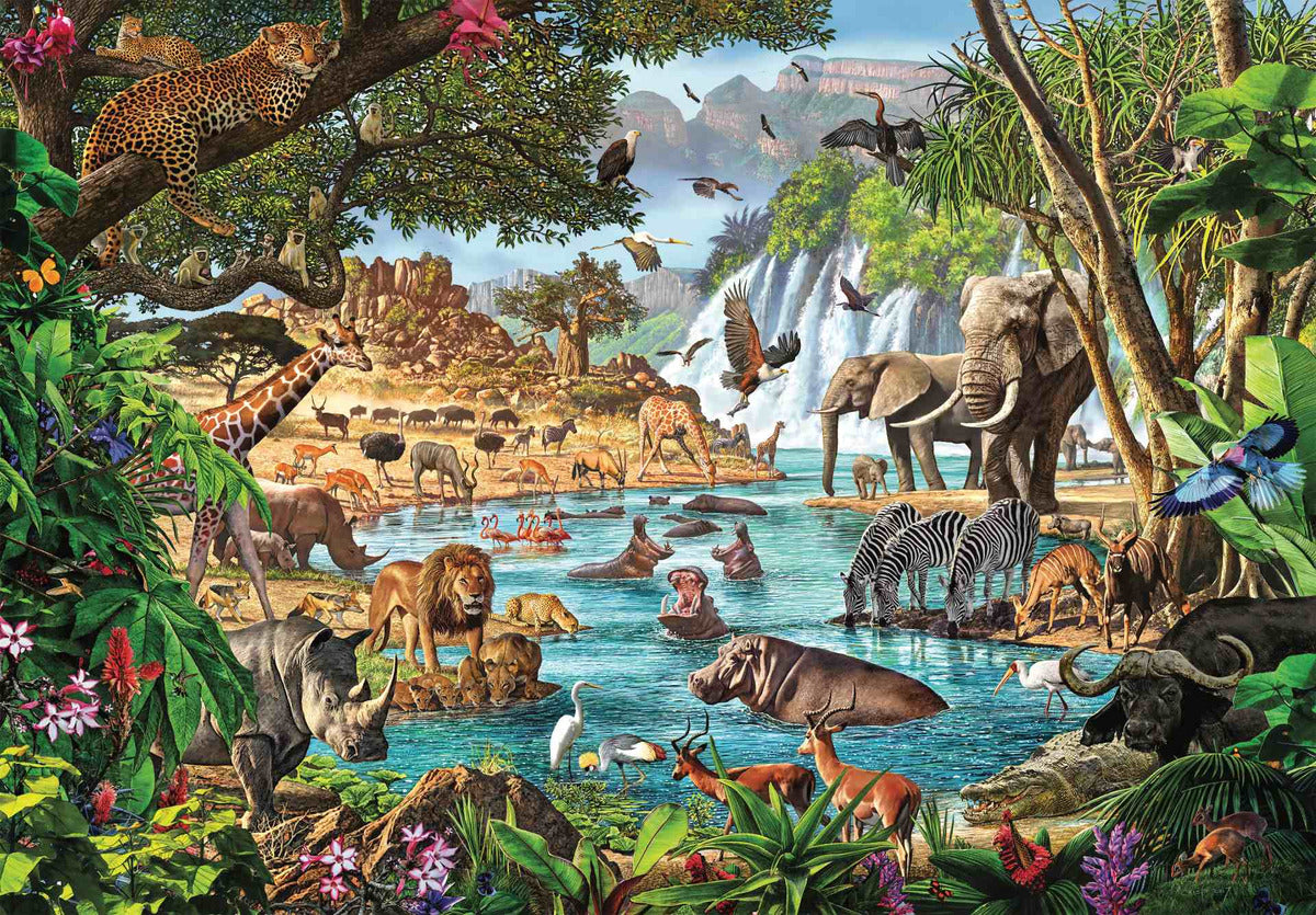 Rompecabezas Manantial Africano 3000 Pz Clementoni Italia Elefante Abrevadero Leon Jaguar