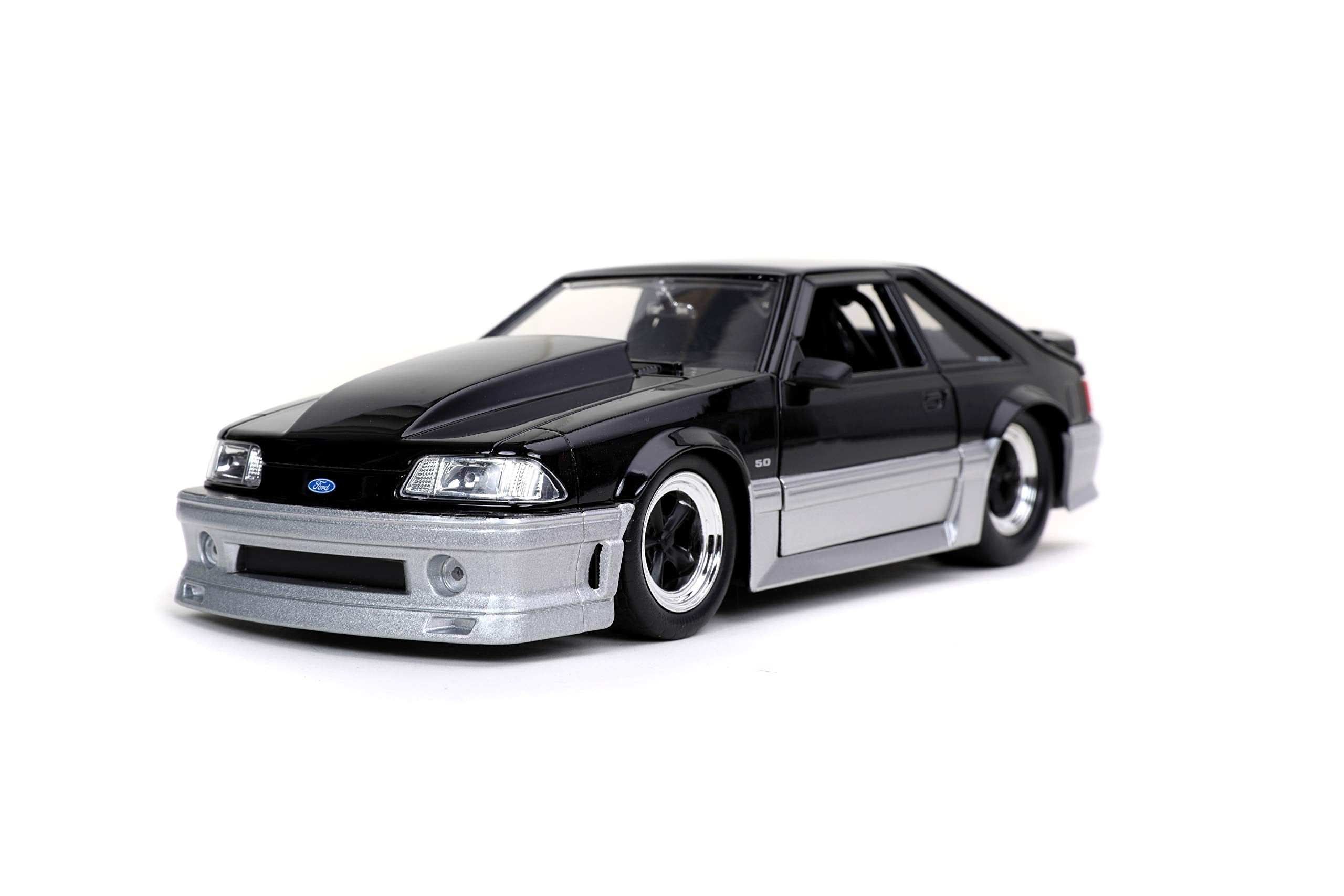 Jada Toys Bigtime Muscle 1:24 1989 Ford Mustang GT Die-Cast Car Negro Plata, Juguetes para niños y Adultos