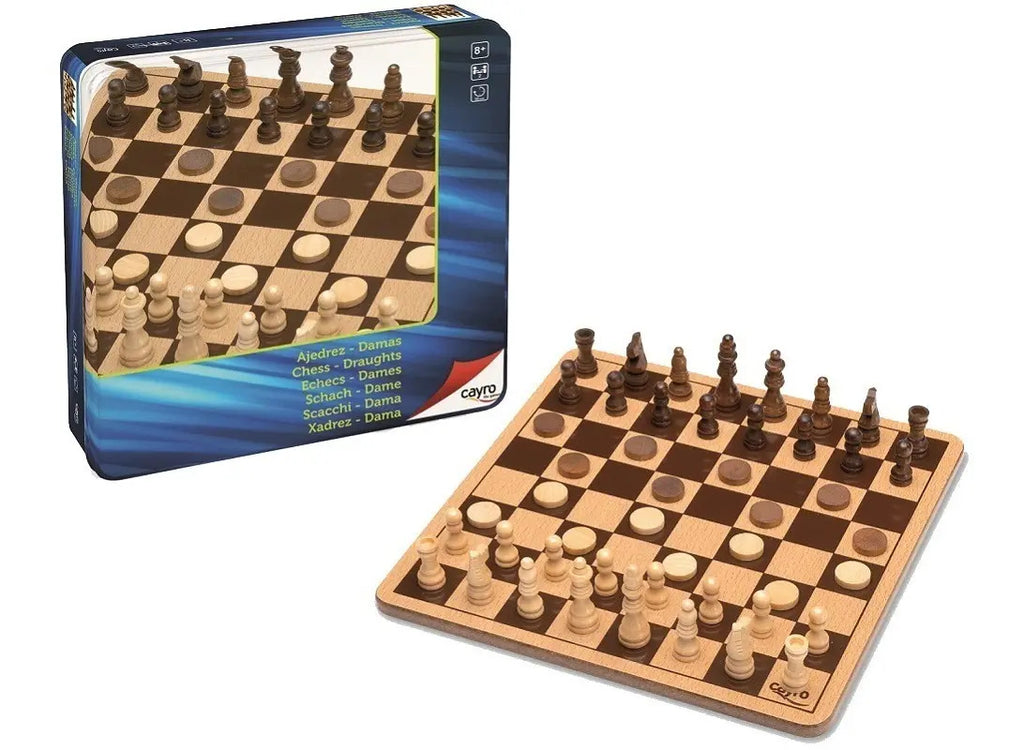 Ajedrez Y Damas De Madera - Cayro En Caja Metalica