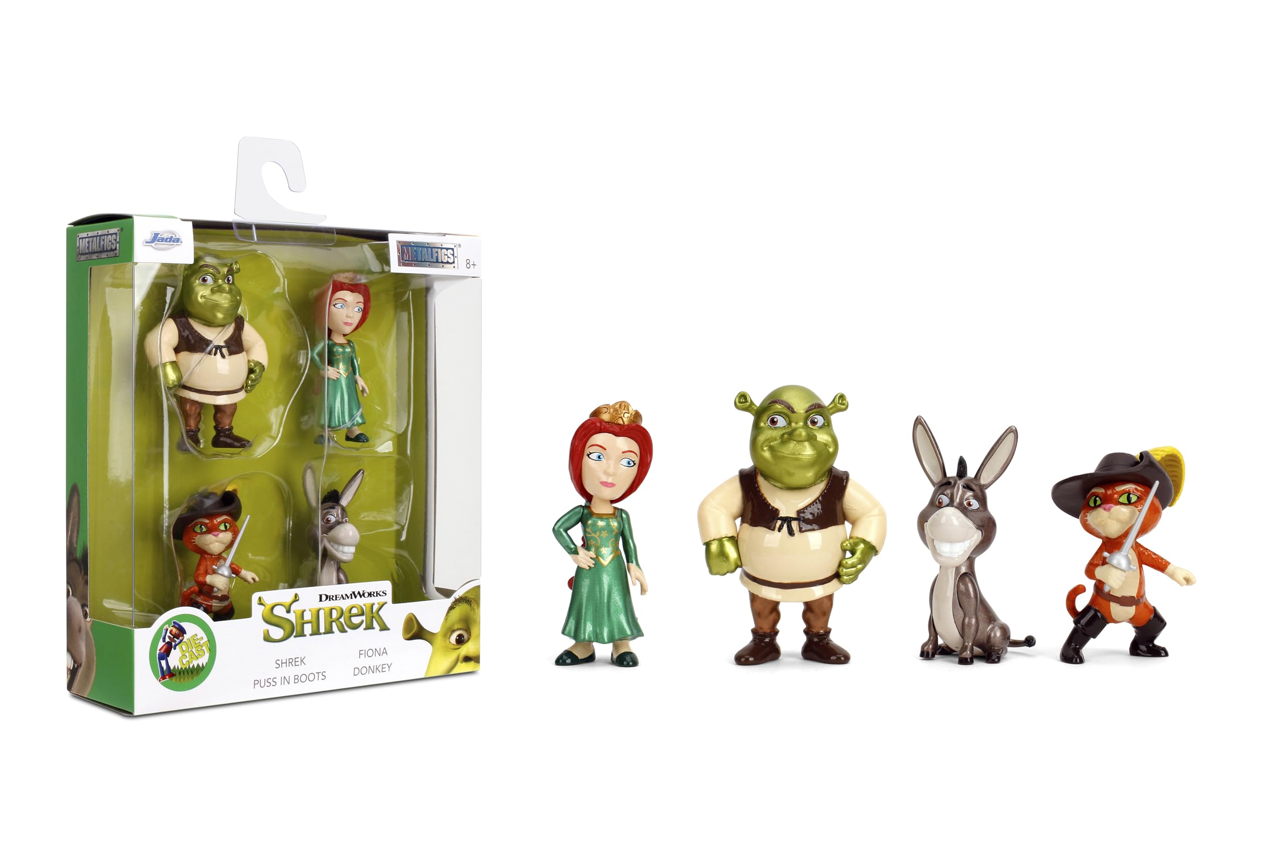 Jada Shrek Metalfigs 4-Pack Figuras de Colección de Película de 2.5 Pulgadas a Escala de Fundición a Presión  Shrek, Burro, Fiona, Puss en Botas Juguetes