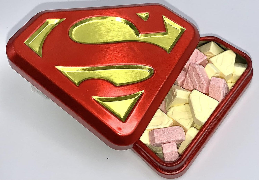 Display Lata De Dulces Superman S-shield De Dc 12 Piezas