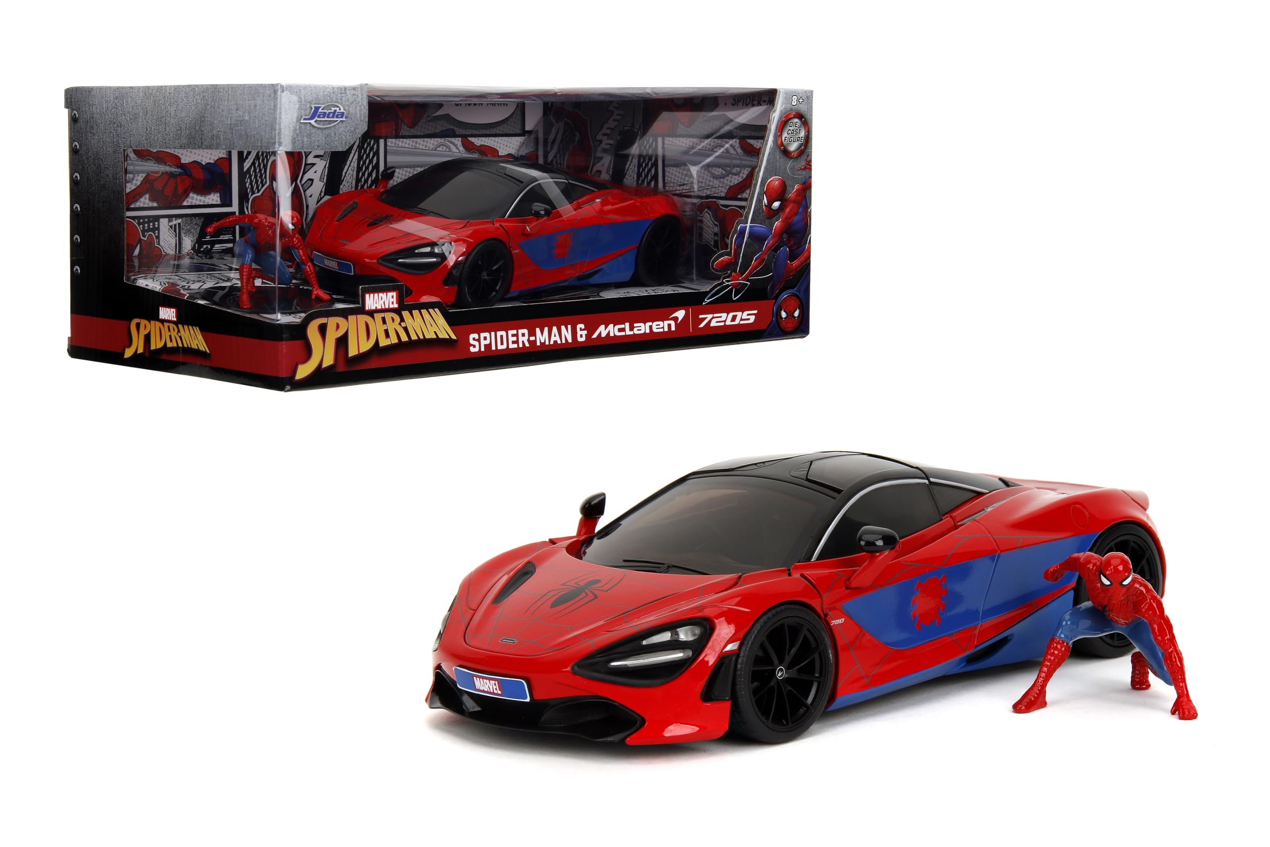 Marvel Spider-Man 1:24 McLaren 720S - Figura de Coche Fundido a Troquel y 2.7 Pulgadas de Miles Morales, Juguetes para niños y Adultos