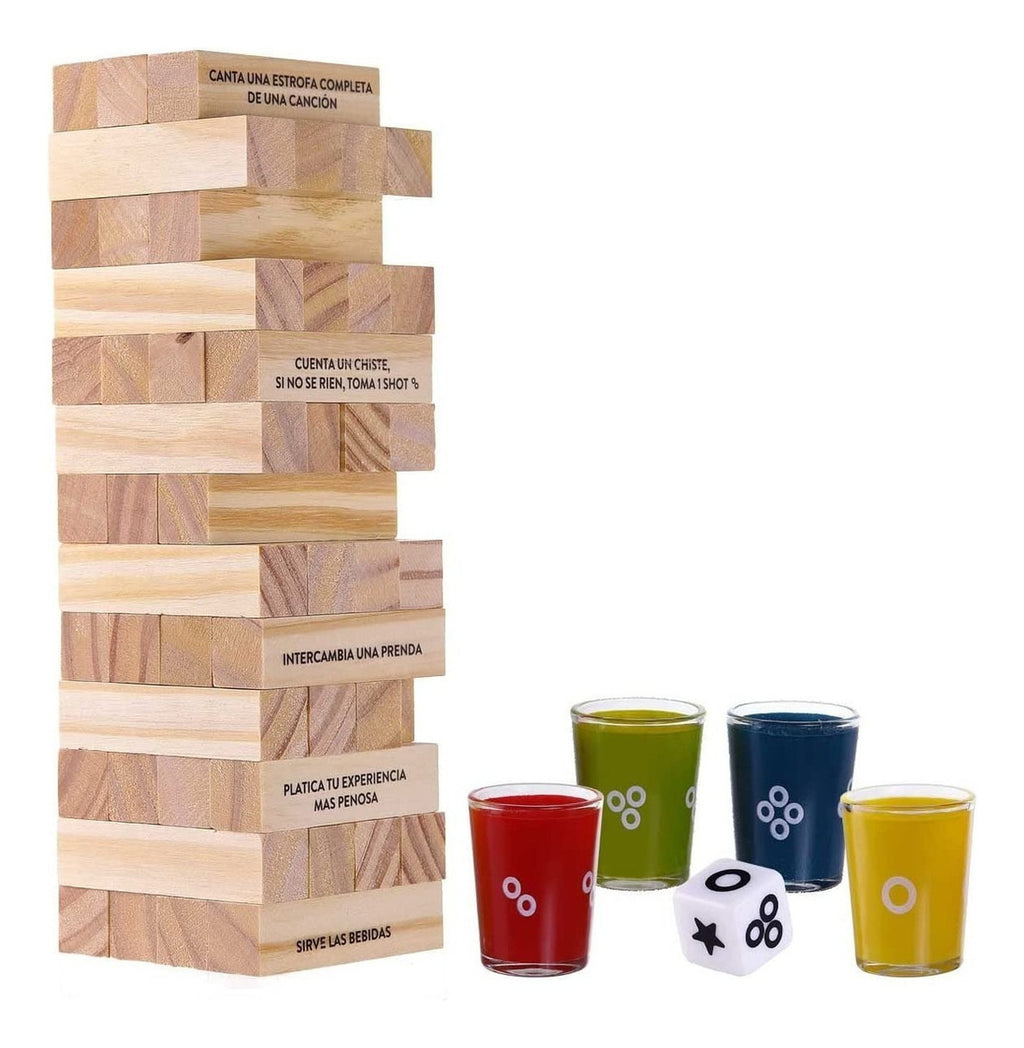Torre Del Beber Juego De Mesa Para Fiesta Con 4 Shots, Retos Divertidos Y Bloques De Madera Para Adultos