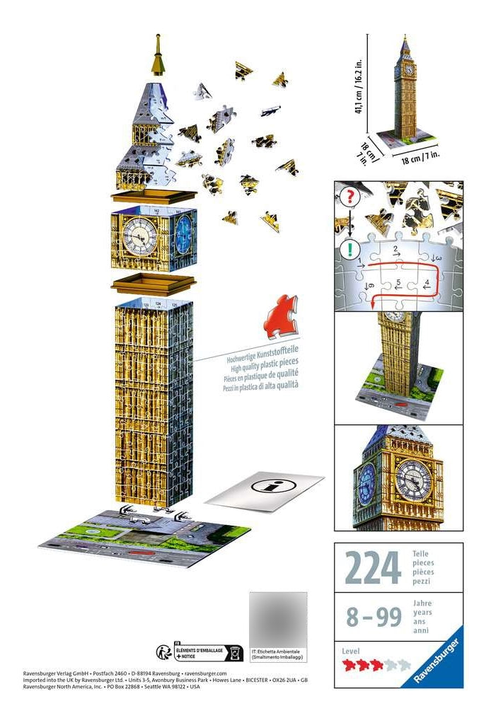 Rompecabezas 3d Big Ben Londres 216 Piezas | Ravensburger | Puzzle Premium Con Corte Preciso Sin Pegamento Y Reloj Funcional Para Decoración Arquitectónica
