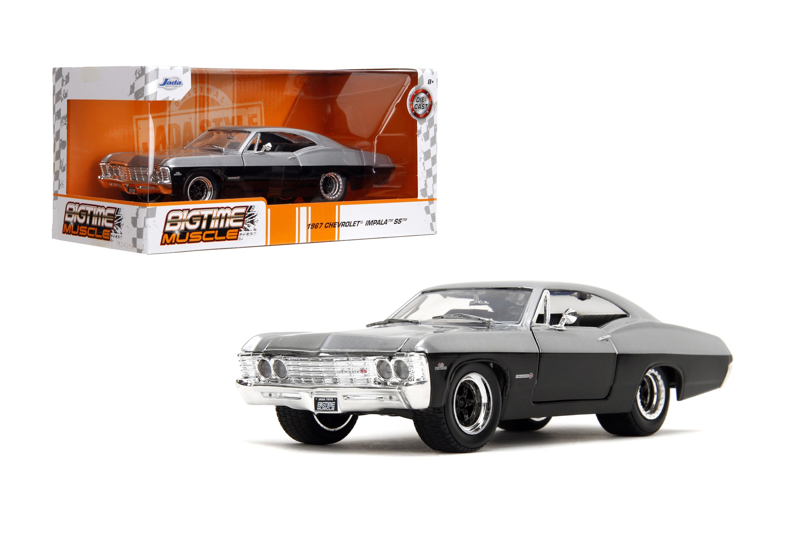 Jada Toys Bigtime Muscle 1:24 1967 Chevrolet Impala SS - Puertas de Apertura, Campana, Maletero, neumáticos de Goma (Caramelo Plateado/Negro)