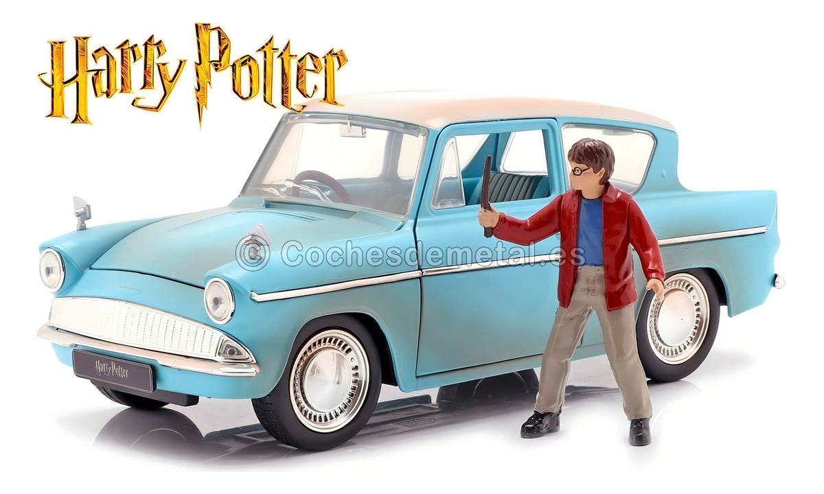 Auto Colección Ford Anglia 1959 Mas Figura Harry Potter 1:24 Celeste Techo Blanco
