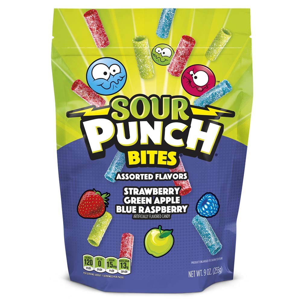 Sour Punch Bites, sabor a frambuesa azul, manzana y fresa, caramelo suave y masticable, bolsa de 9 onzas (paquete de 12)