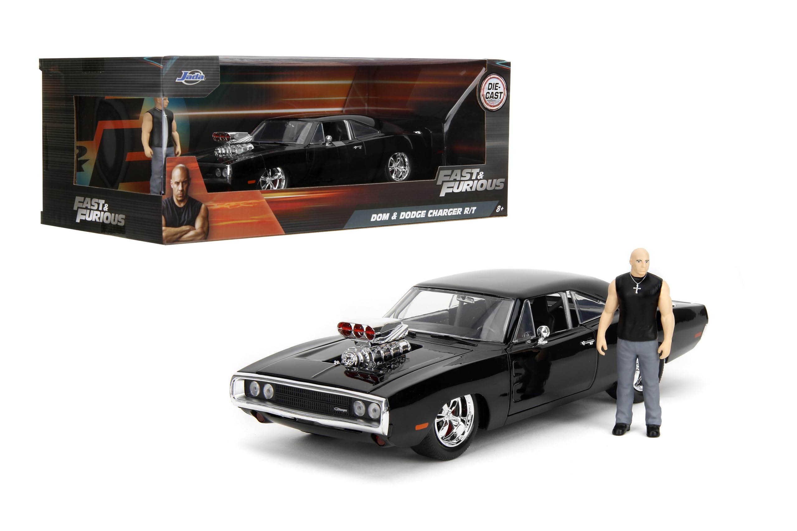 Fast & Furious Dom's Dodge Charger 1:24 - Figura de Coche Fundido a presión y Dominic Toretto de 2.75 Pulgadas, Juguetes para niños y Adultos