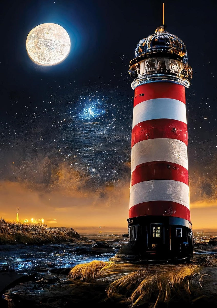 Faro En Luna Llena Rompecabezas Neón Art Puzzle 1000 Pz 5240