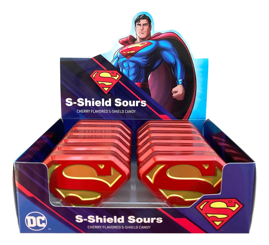 Display Lata De Dulces Superman S-shield De Dc 12 Piezas