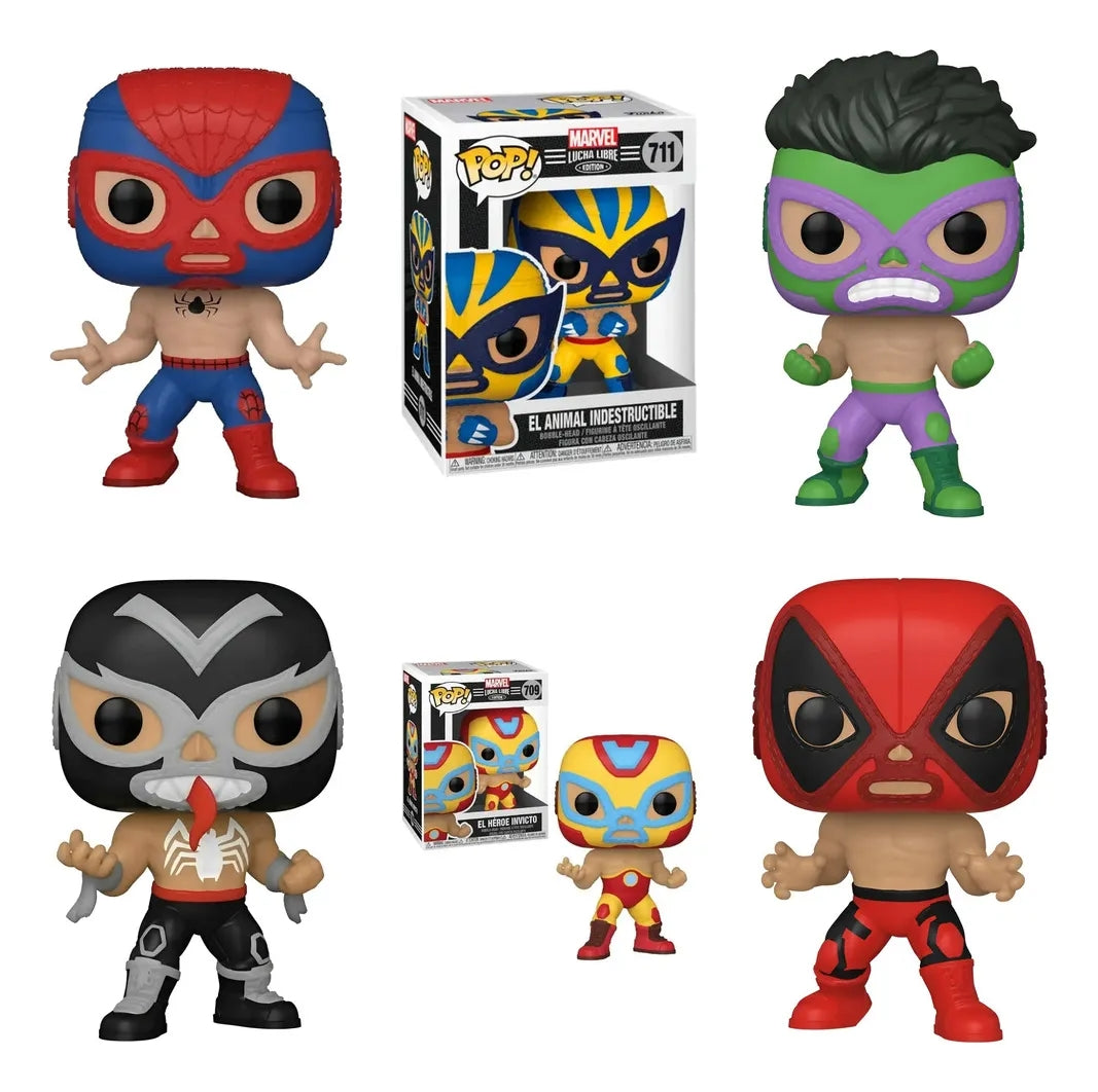 Kit  7 Figuras Funko Pop Marvel Lucha Libre Chimichanga , Aracno, Invicto, Estrella Cósmica, Furioso, Venoide, Animal